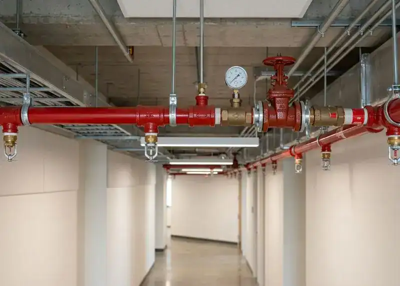 Industrial fire sprinkler system with red pipes and pressure gauge in building corridor.