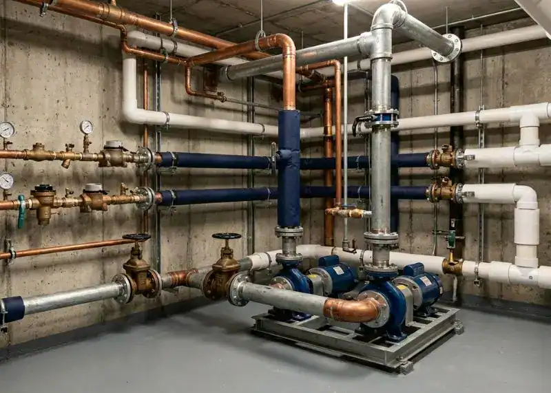 Industrial plumbing system with pipes, valves, and pumps in a utility room.