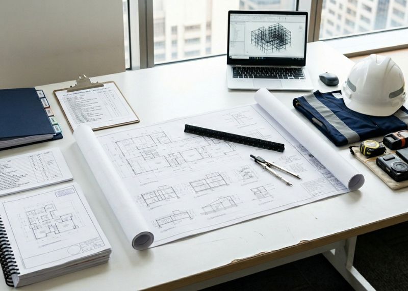 Architectural blueprints and a laptop on a modern office desk for construction design.