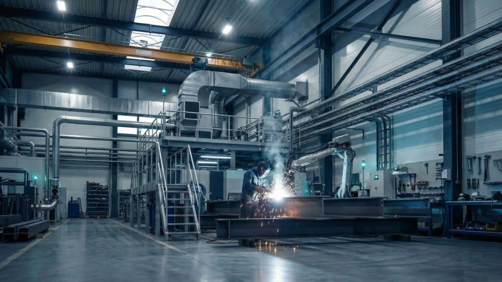 Industrial manufacturing facility with robotic welding equipment and metal structures.
