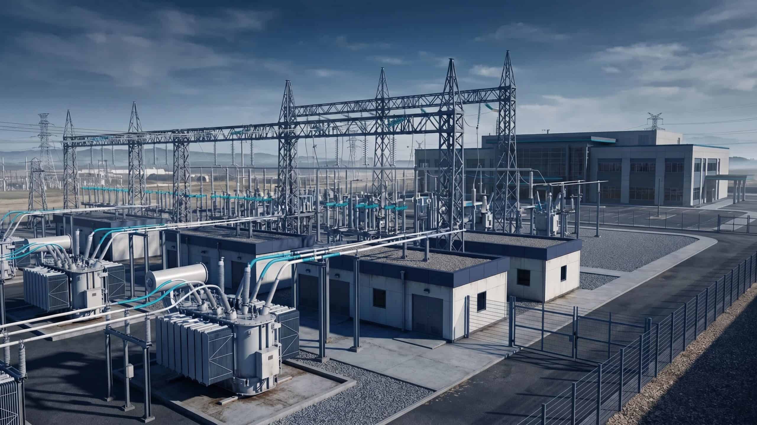 Industrial electrical substation with transformers and power lines.