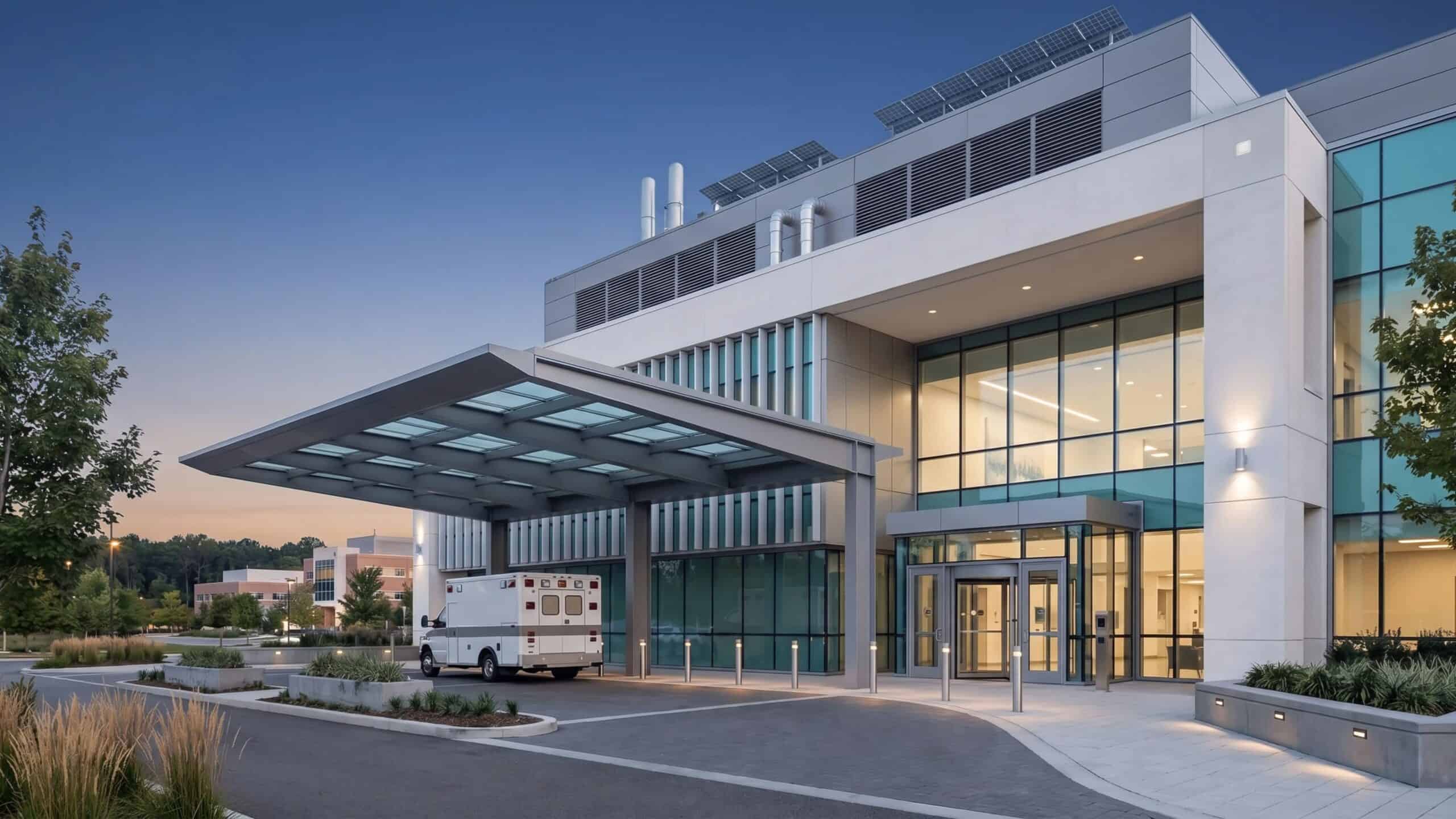 Modern commercial building with glass facade and parking area at sunset.