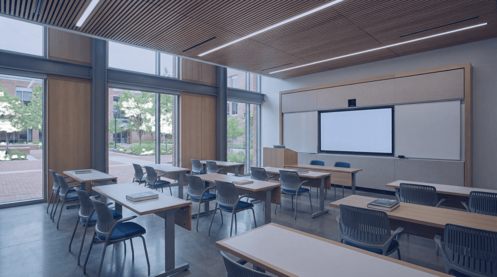 Modern classroom with large windows, desks, and a digital whiteboard for training.