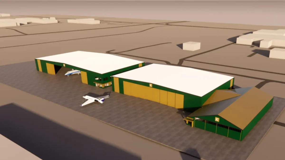3D rendering of aircraft hangars at Aurora Airport, a CEG civil engineering project in Aurora, Oregon